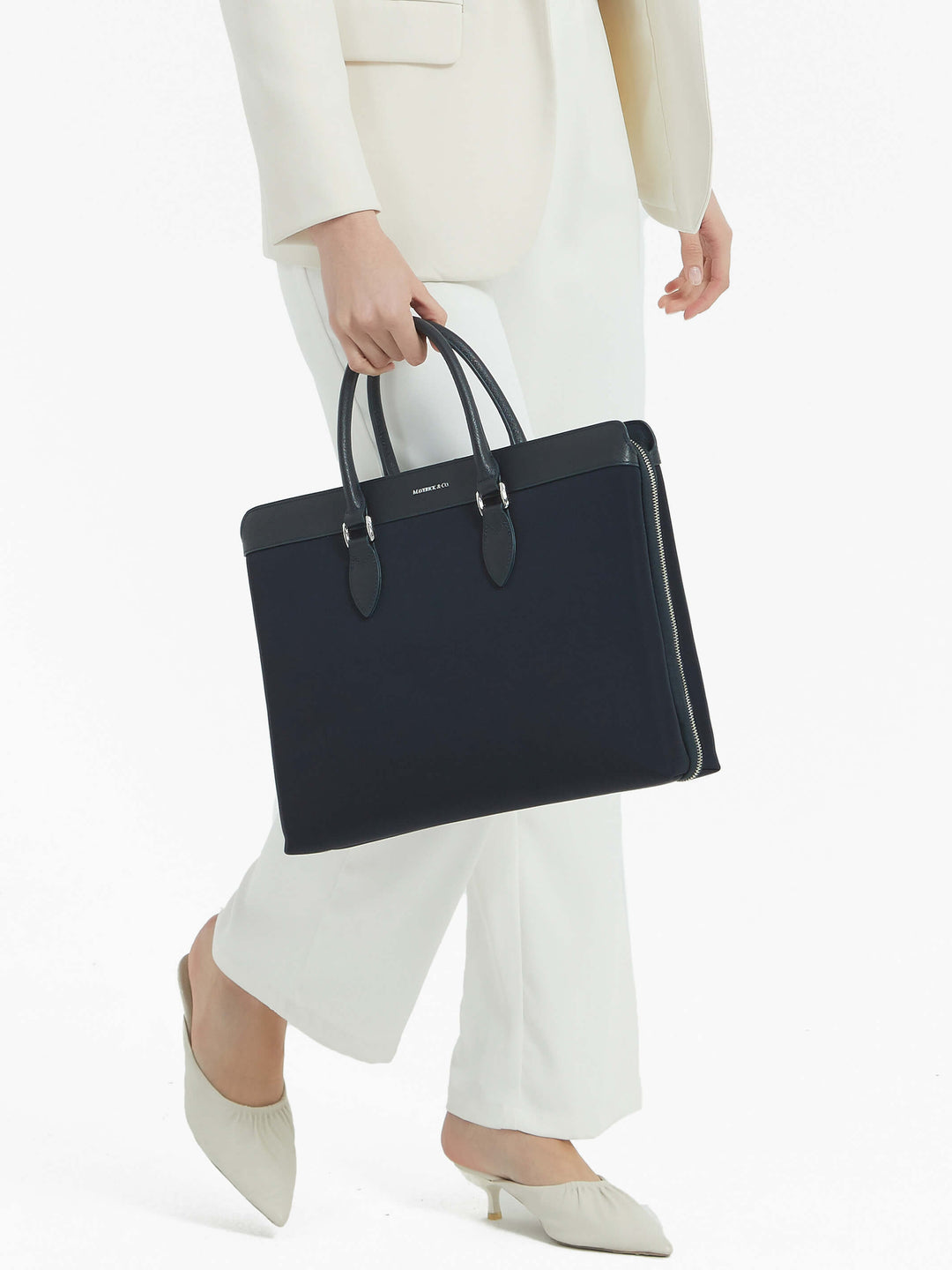 Maverick & Co. - Alpha Leather-Trimmed Briefcase#color_navy