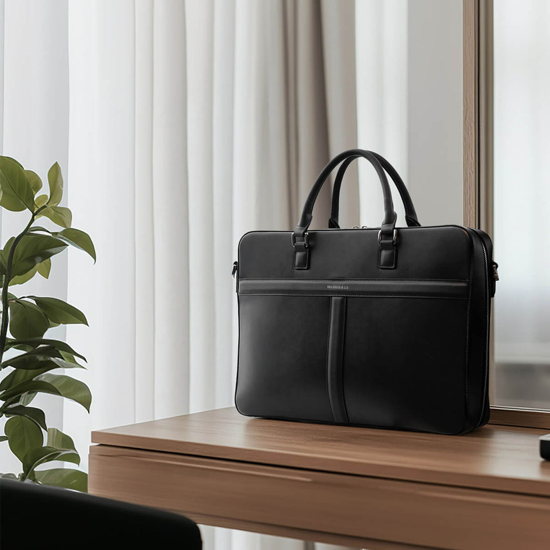 Delta Leather Briefcase by Maverick & Co. with structured minimalist design and slim profile