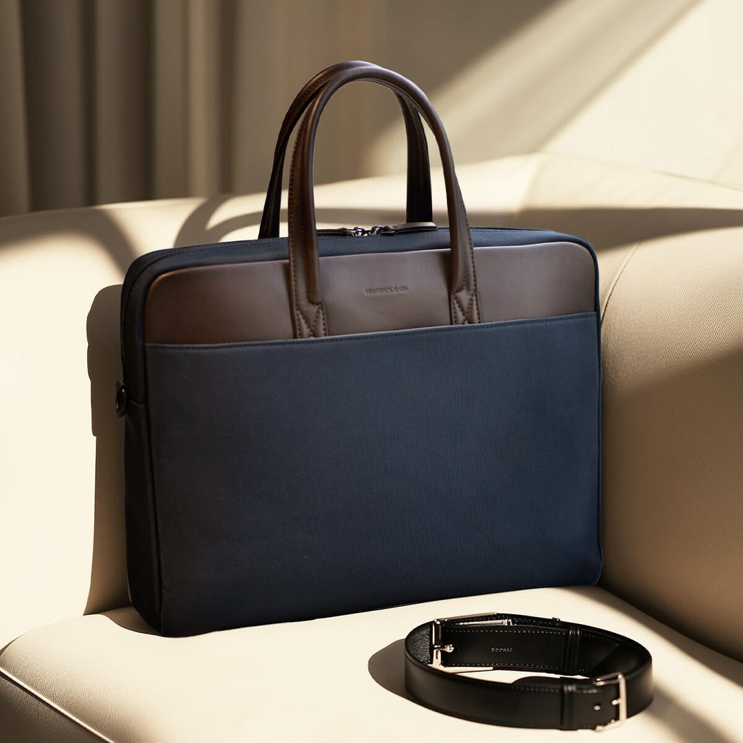 Maverick & Co. Motion Light Briefcase made with water-resistant nylon and vegan leather trim for durability