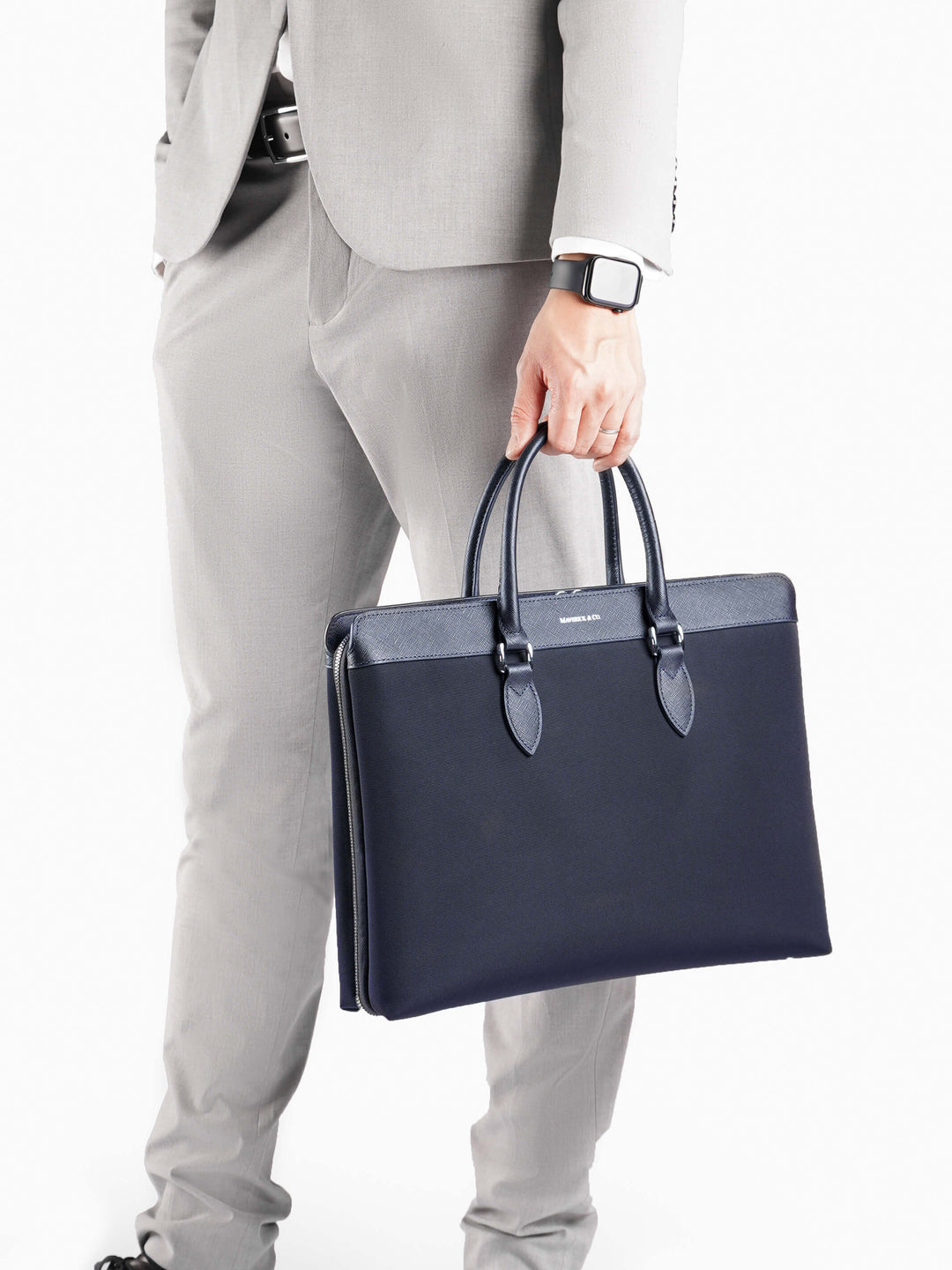 Maverick & Co. - Alpha Leather-Trimmed Briefcase#color_navy