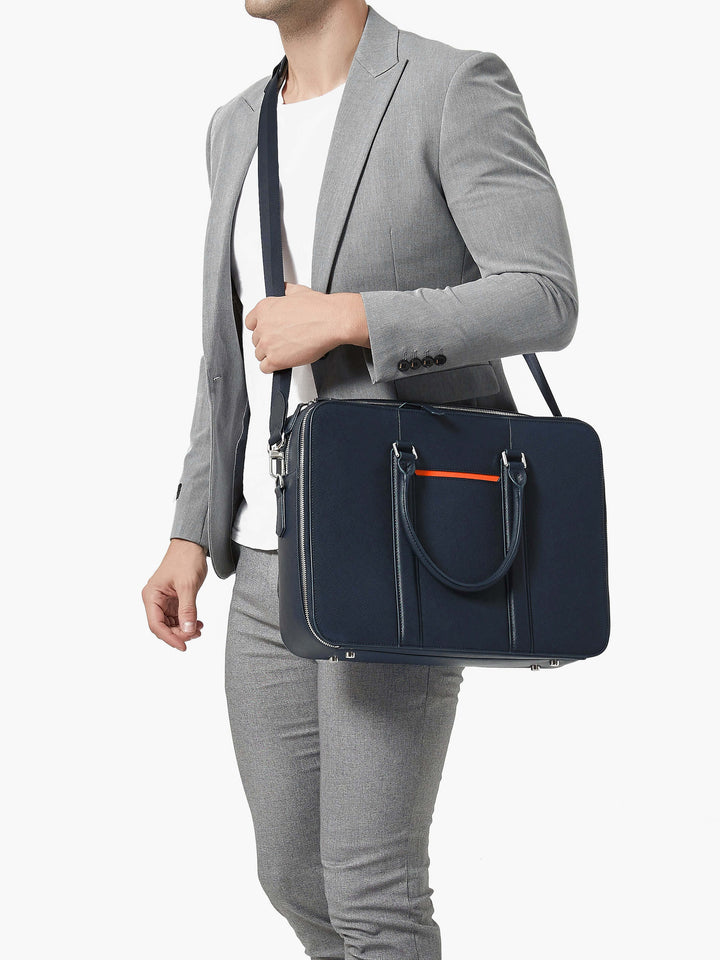 Maverick & Co. - Manhattan Double-Zip Leather Briefcase #color_navy-tiger-orange