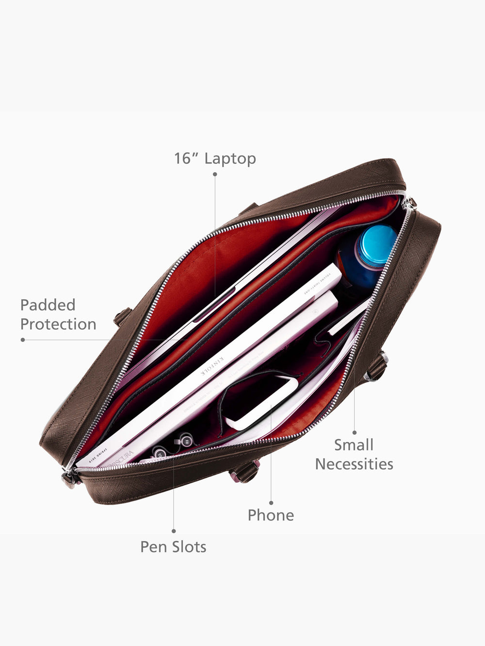 Maverick & Co. - Manhattan Leather Briefcase Interior view of Manhattan Leather Briefcase showing multi-pocket organization and padded 16-inch MacBook sleeve.
#color_brown-racing-red