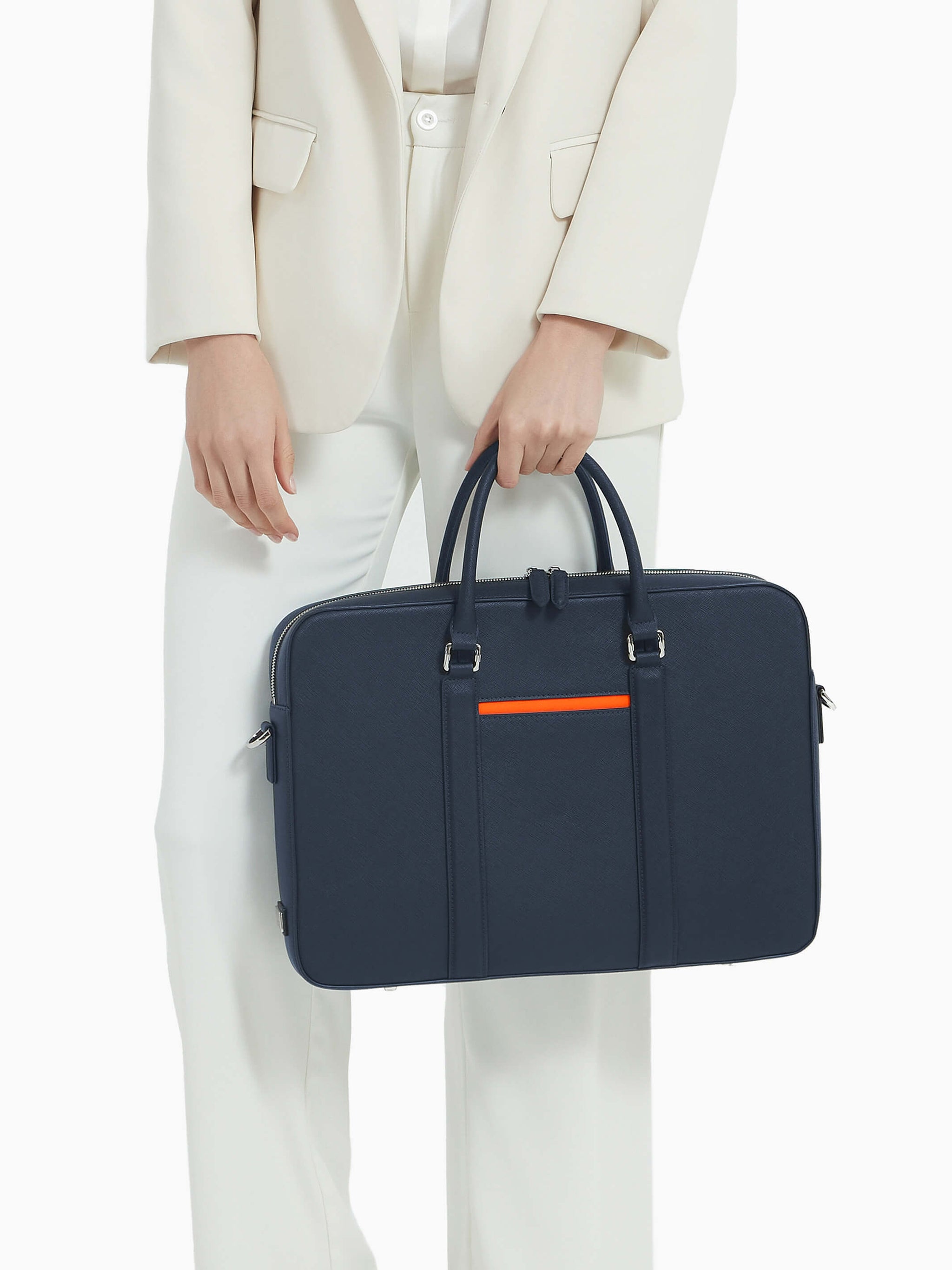 Maverick & Co. - Manhattan Leather Briefcase #color_navy-tiger-orange