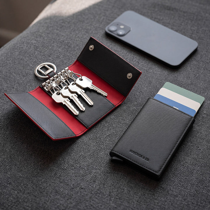 Maverick & Co. - Manhattan Leather Key Case - open with keys beside phone and card holder